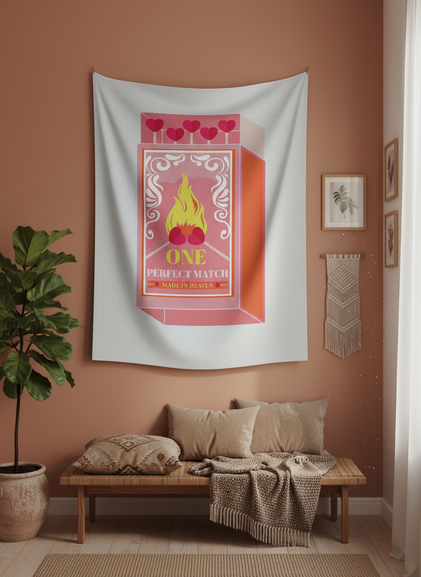 Beyaz zemin üzerinde pembe, turuncu ve sarı tonlarında, 'One Perfect Match' yazılı kibrit kutusu illüstrasyonlu duvar örtüsü.