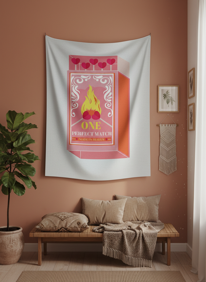 Beyaz zemin üzerinde pembe, turuncu ve sarı tonlarında, 'One Perfect Match' yazılı kibrit kutusu illüstrasyonlu duvar örtüsü.