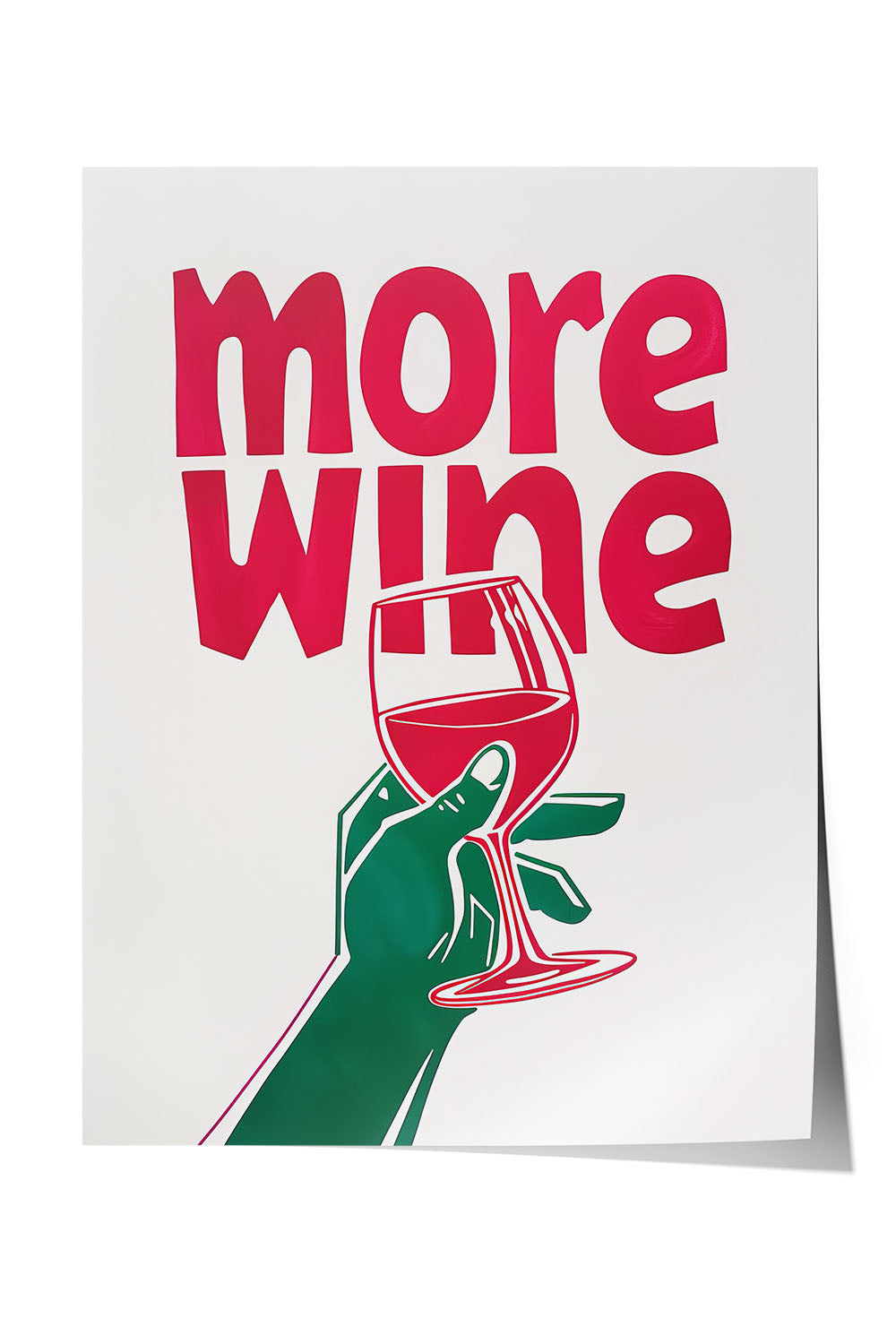 More Wine yazılı, kadeh tutan yeşil el figürlü, pembe ve yeşil renklerde modern çerçeveli poster