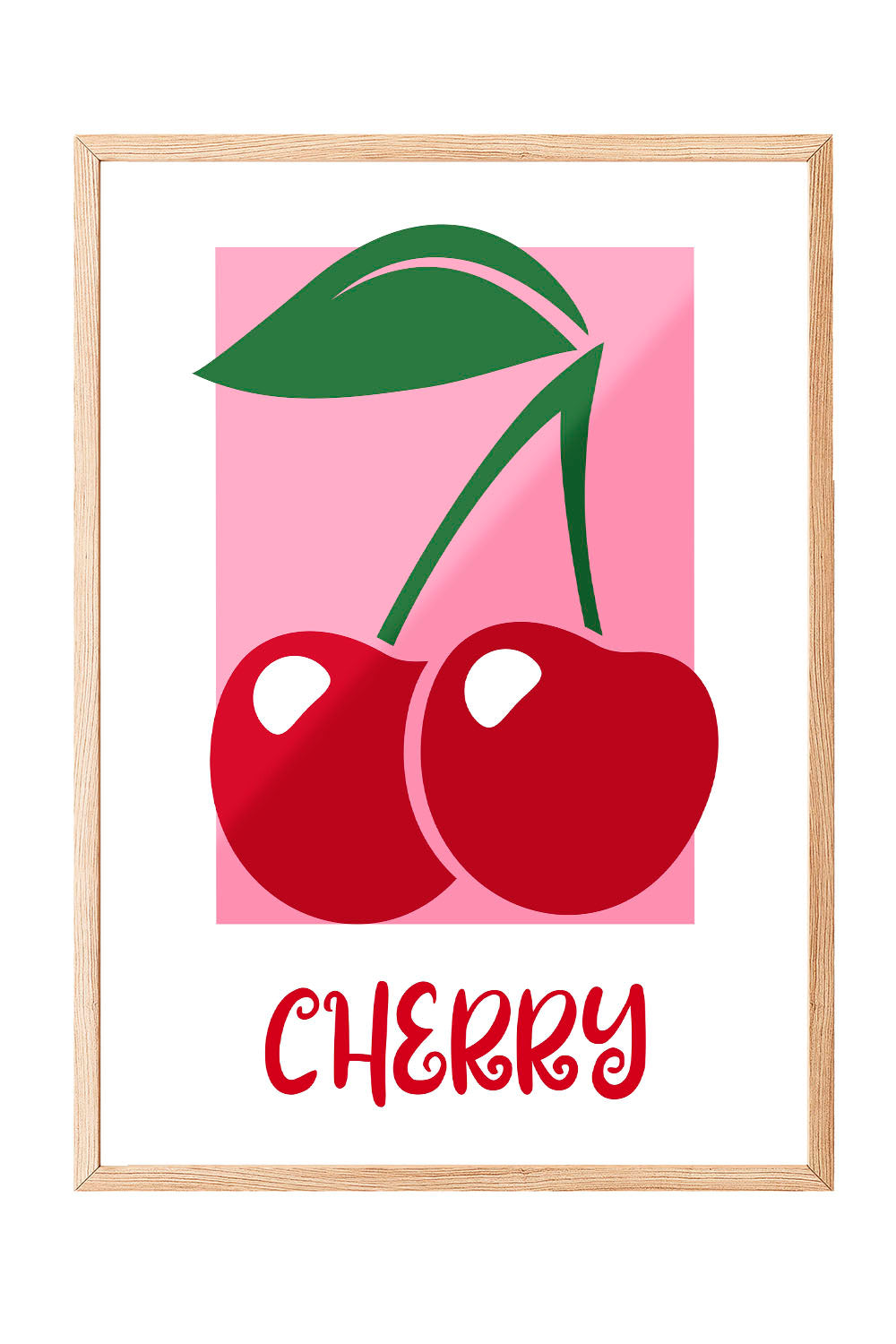 Pembe arka plan üzerinde iki kırmızı kiraz ve yeşil yaprakları olan modern çerçeveli poster