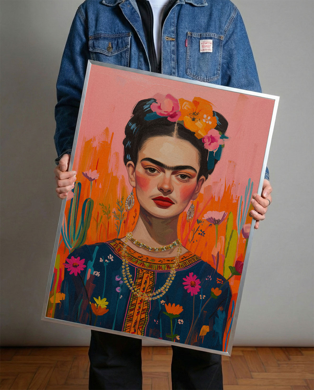 Modern Frida Kahlo portresi, renkli çiçekler ve turuncu pembe arka plan ile siyah çerçeveli tablo