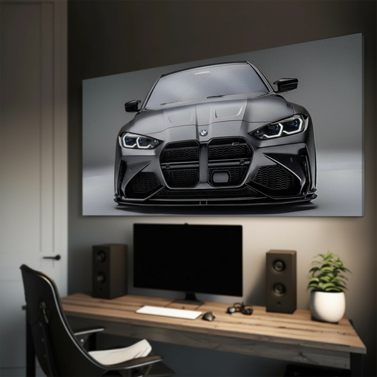 Gri renkli BMW M4 spor otomobilin detaylı ön cephesini gösteren büyük kanvas tablo, modern çalışma alanında.