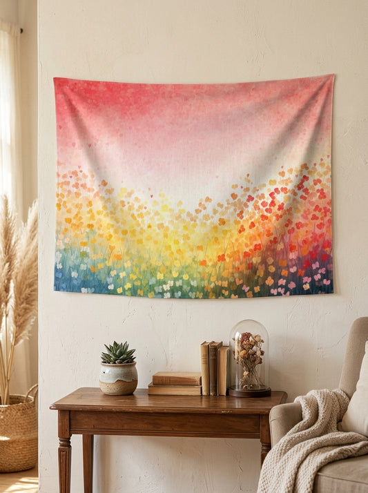 Pembe, sarı, yeşil ve mavi tonlarında soyut bahar çiçekleri desenli, canlı renkli duvar örtüsü.