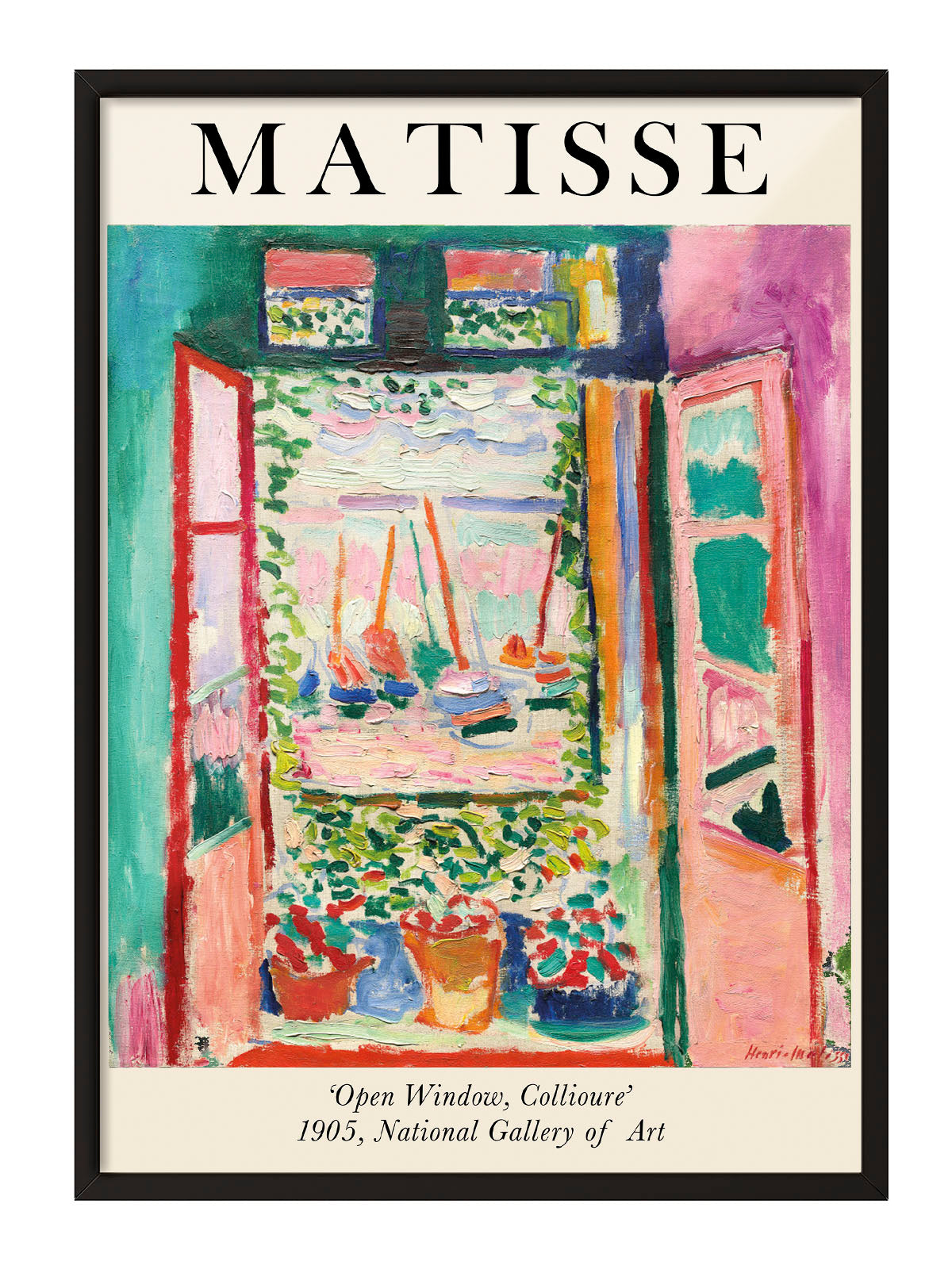 Henri Matisse'in 'Open Window, Collioure' tablosunu gösteren, canlı renkli, Fauvist tarzda pencere manzarası posteri.