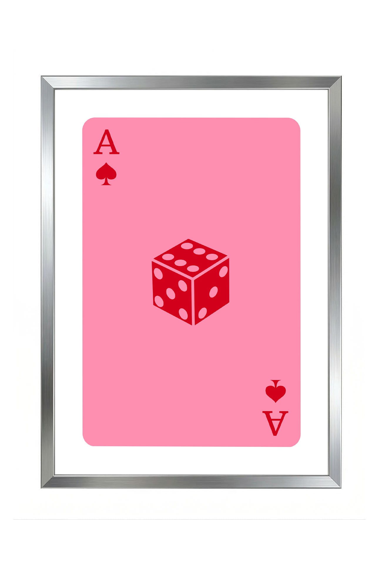 Pembe zemin üzerinde maça ası iskambil kartı ve kırmızı zar figürü içeren modern çerçeveli poster