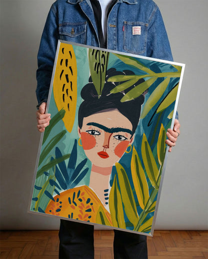 Frida Kahlo tarzı, tropikal yapraklı, renkli kadın portre çerçeveli tablo