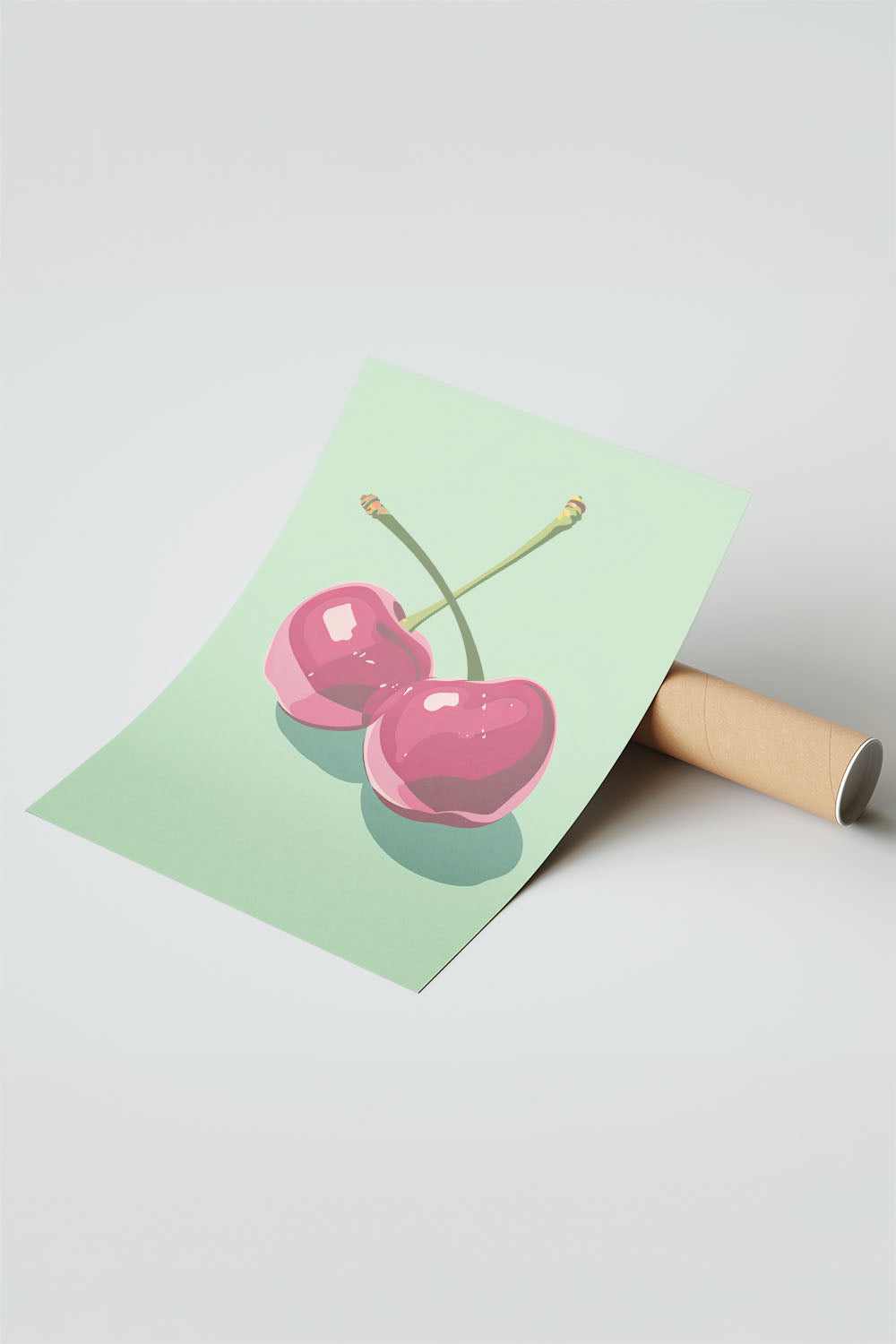 Siyah çerçeveli, açık yeşil fonda iki adet stilize pembe kiraz desenli modern poster.