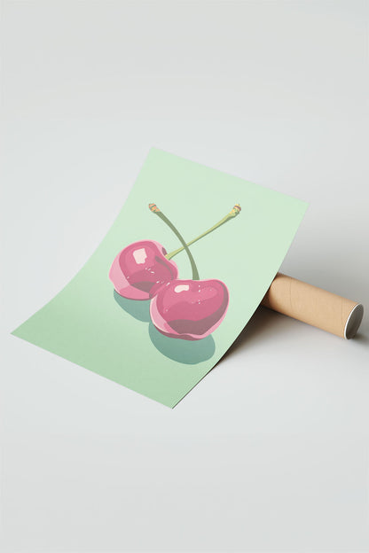 Siyah çerçeveli, açık yeşil fonda iki adet stilize pembe kiraz desenli modern poster.