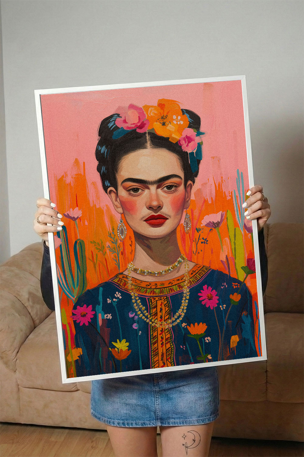 Modern Frida Kahlo portresi, renkli çiçekler ve turuncu pembe arka plan ile siyah çerçeveli tablo
