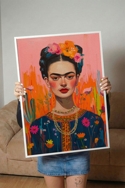 Modern Frida Kahlo portresi, renkli çiçekler ve turuncu pembe arka plan ile siyah çerçeveli tablo