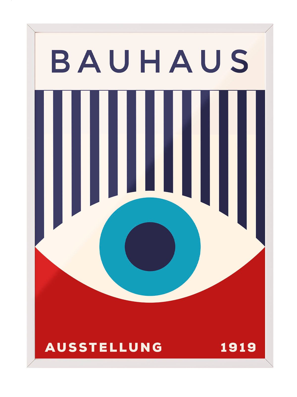 Bauhaus sergi afişi, krem zemin üzerinde lacivert çizgiler, kırmızı alt kısım ve ortada mavi göz figürü.