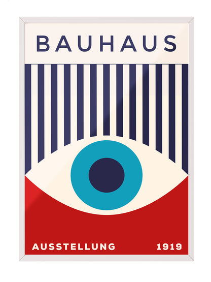 Bauhaus sergi afişi, krem zemin üzerinde lacivert çizgiler, kırmızı alt kısım ve ortada mavi göz figürü.