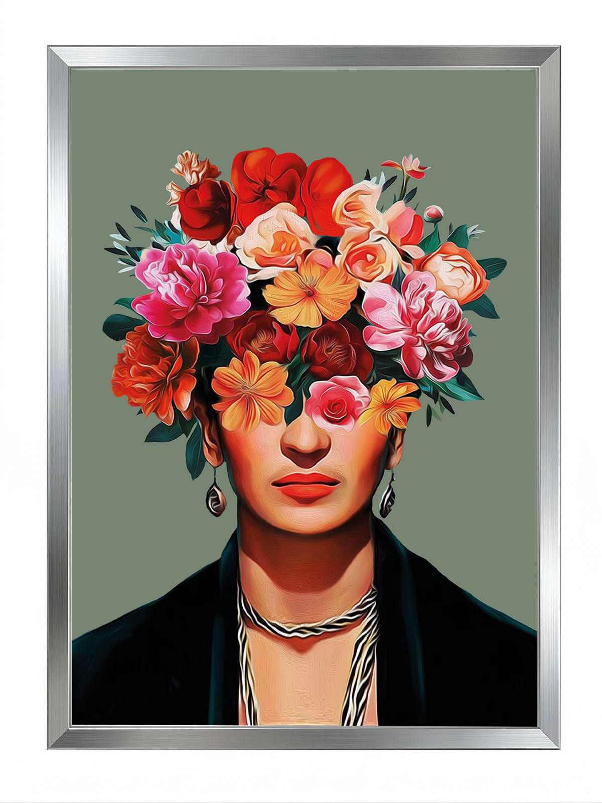 Frida Kahlo'nun yüzünü kapatan canlı pembe, kırmızı, turuncu çiçeklerle modern sanatsal portre posteri.