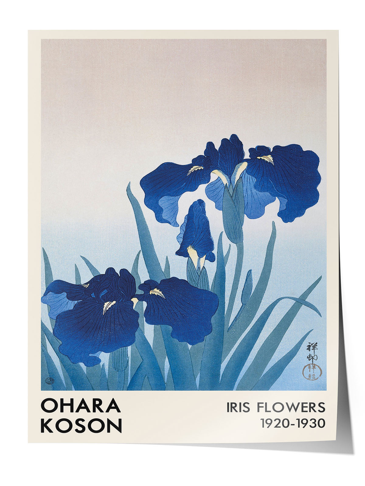 Ohara Koson'un derin mavi iris çiçeklerini tasvir eden, Japon ukiyo-e tarzı sanatsal poster.