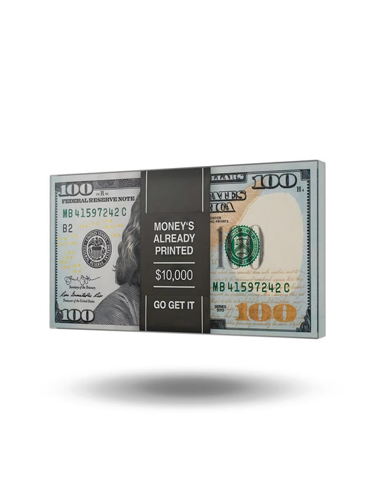 100 dolarlık banknot ve 'Money's Already Printed' yazılı motivasyonel kanvas tablo, modern ofis dekorasyonu