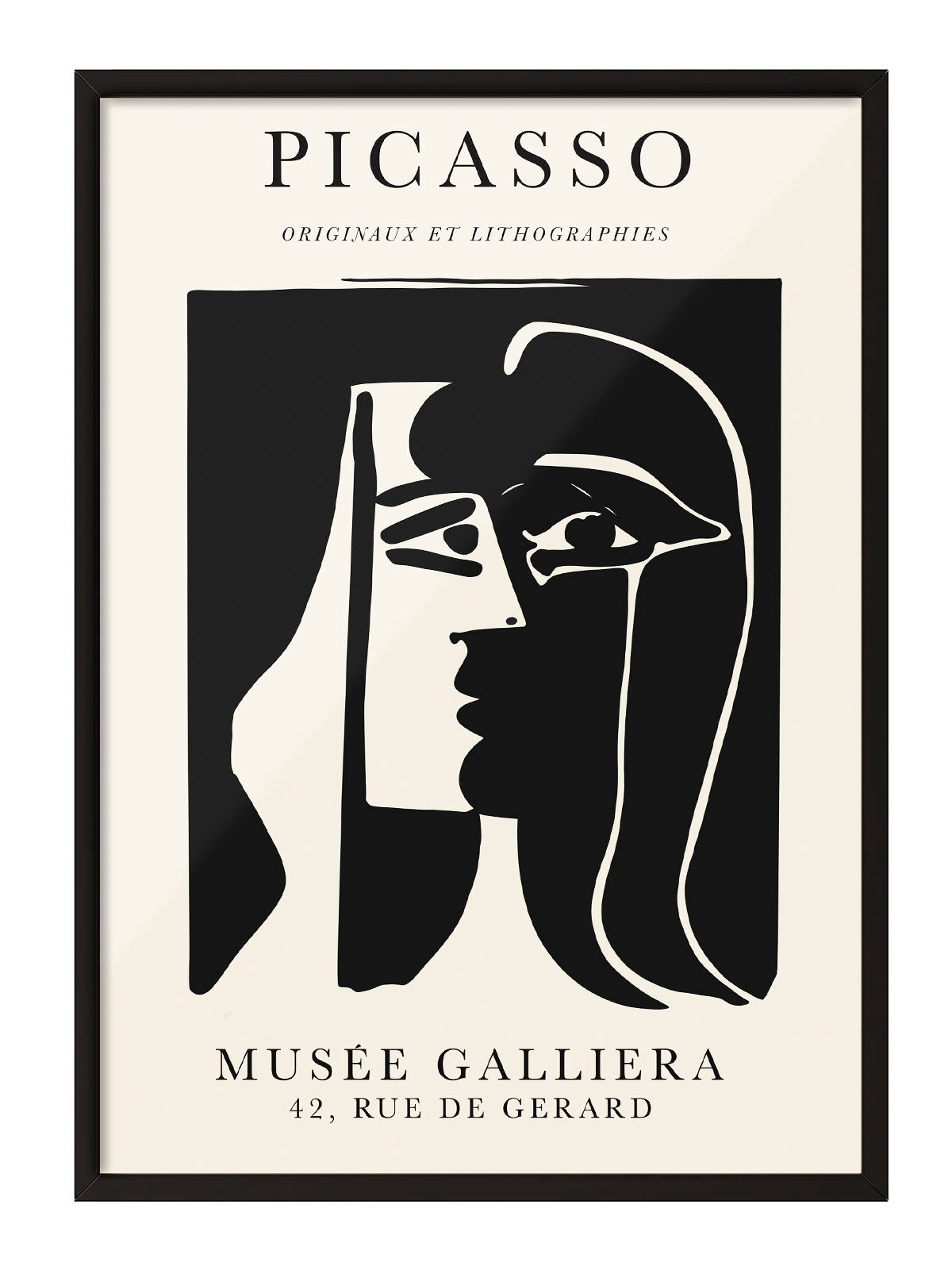 Siyah çerçeveli, bej arka plan üzerinde Picasso'nun soyut siyah beyaz kadın yüzü çizimi posteri.