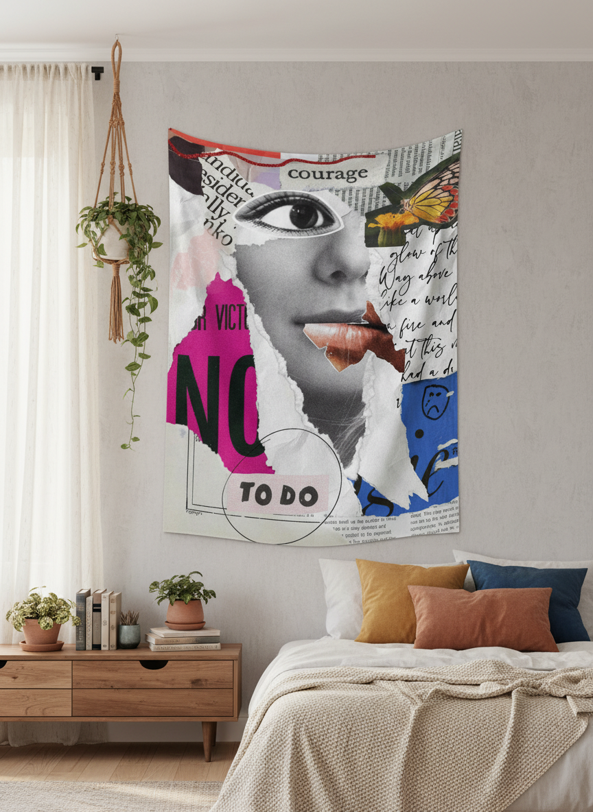 Siyah beyaz kadın yüzü, 'courage', 'NO' metinleri ve kelebek detaylı, pembe mavi tonlarında modern kolaj duvar örtüsü.