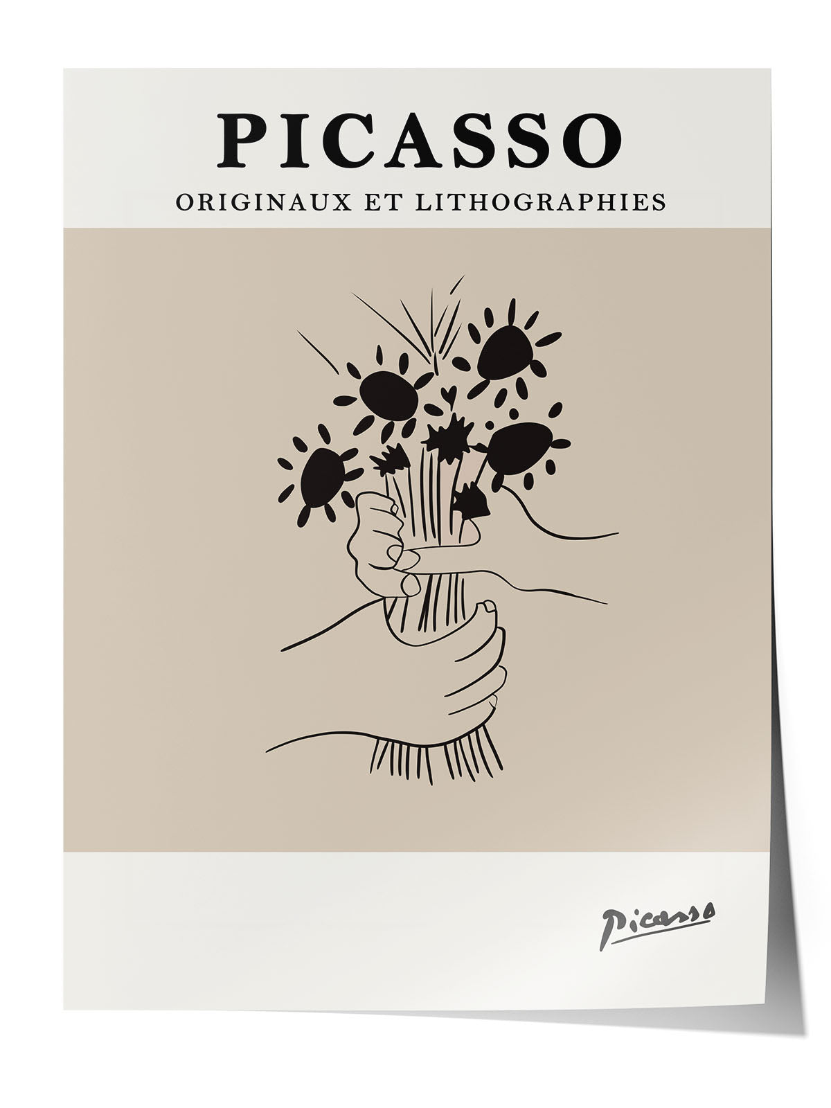 Picasso'nun minimalist çizim stilinde, ellerinde çiçek buketi tutan figürlü bej tonlarında sanatsal poster.