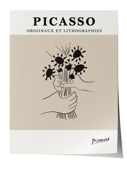 Picasso'nun minimalist çizim stilinde, ellerinde çiçek buketi tutan figürlü bej tonlarında sanatsal poster.