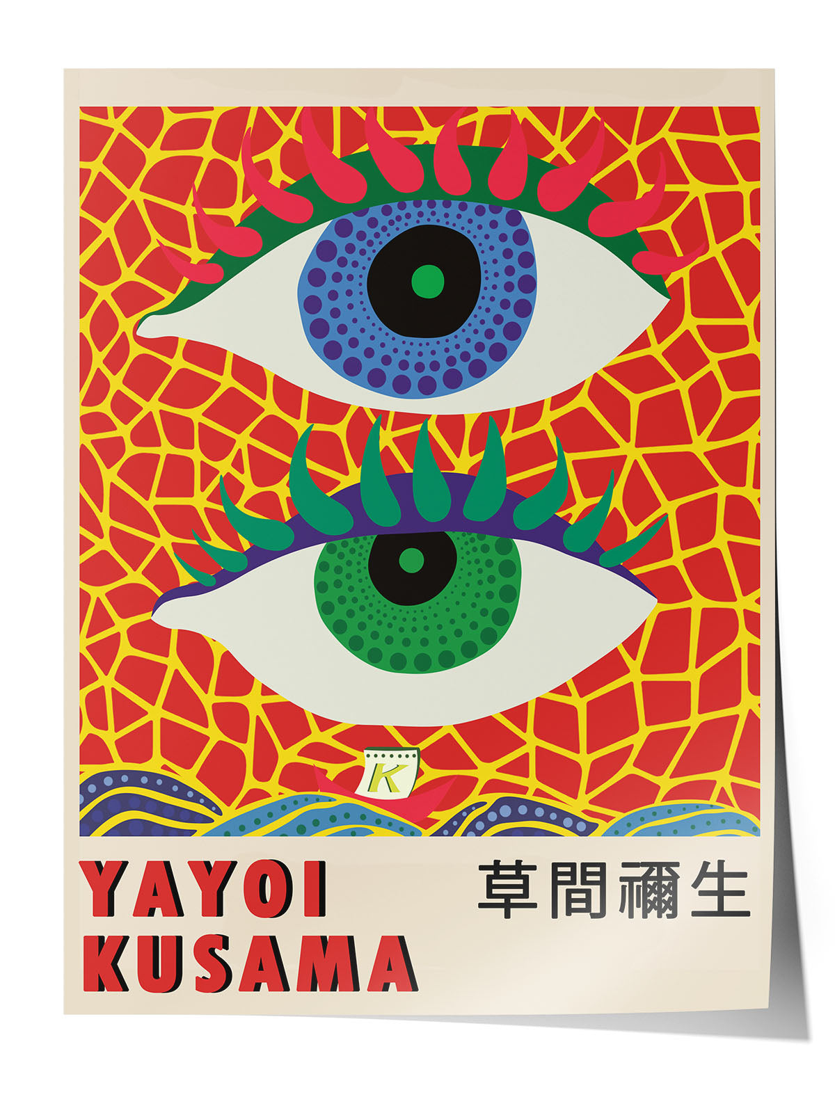 Yayoi Kusama'nın imzası olan, kırmızı zemin üzerinde mavi ve yeşil göz motifli, canlı renkli modern sanat posteri.