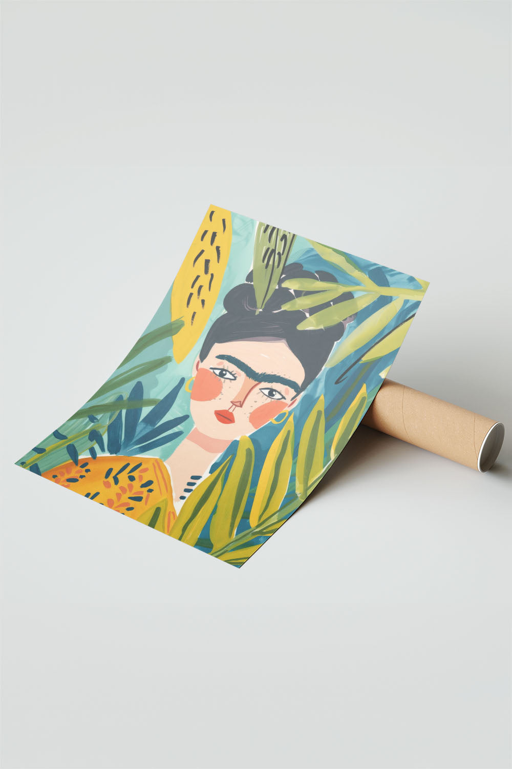 Frida Kahlo tarzı, tropikal yapraklı, renkli kadın portre çerçeveli tablo