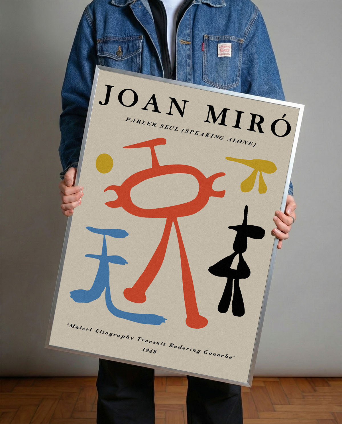 Joan Miró'nun 'Parler Seul' adlı eserini gösteren, krem zemin üzerinde kırmızı, mavi, sarı ve siyah soyut figürlerin yer aldığı modern sanat posteri.