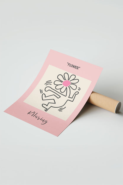 Keith Haring tarzı pembe arka planlı, neşeli çiçek tutan figürlü modern çerçeveli tablo