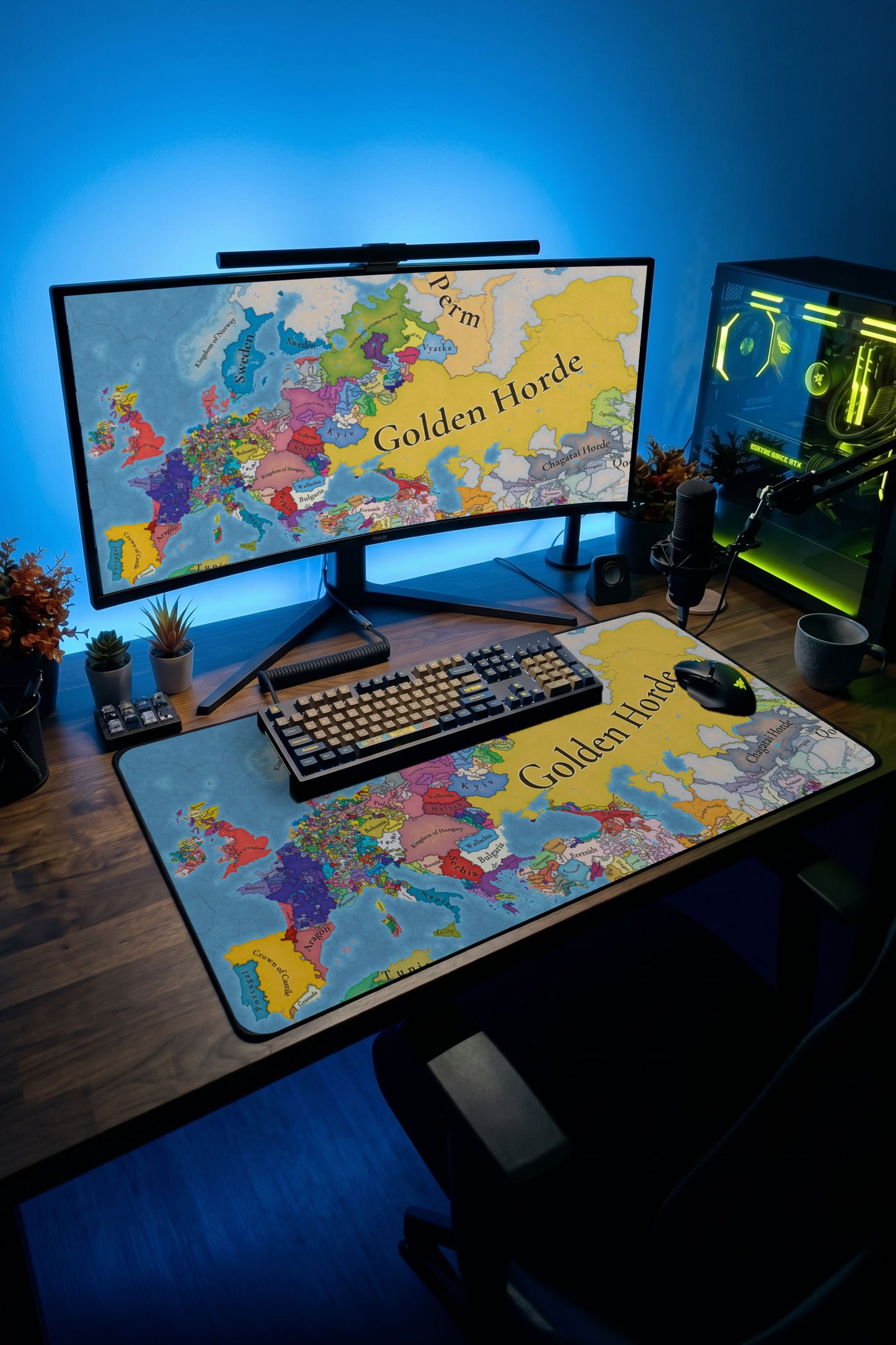 Europa Universalis harita desenli büyük boy dikişli oyuncu mousepad ve taşıma tüpü