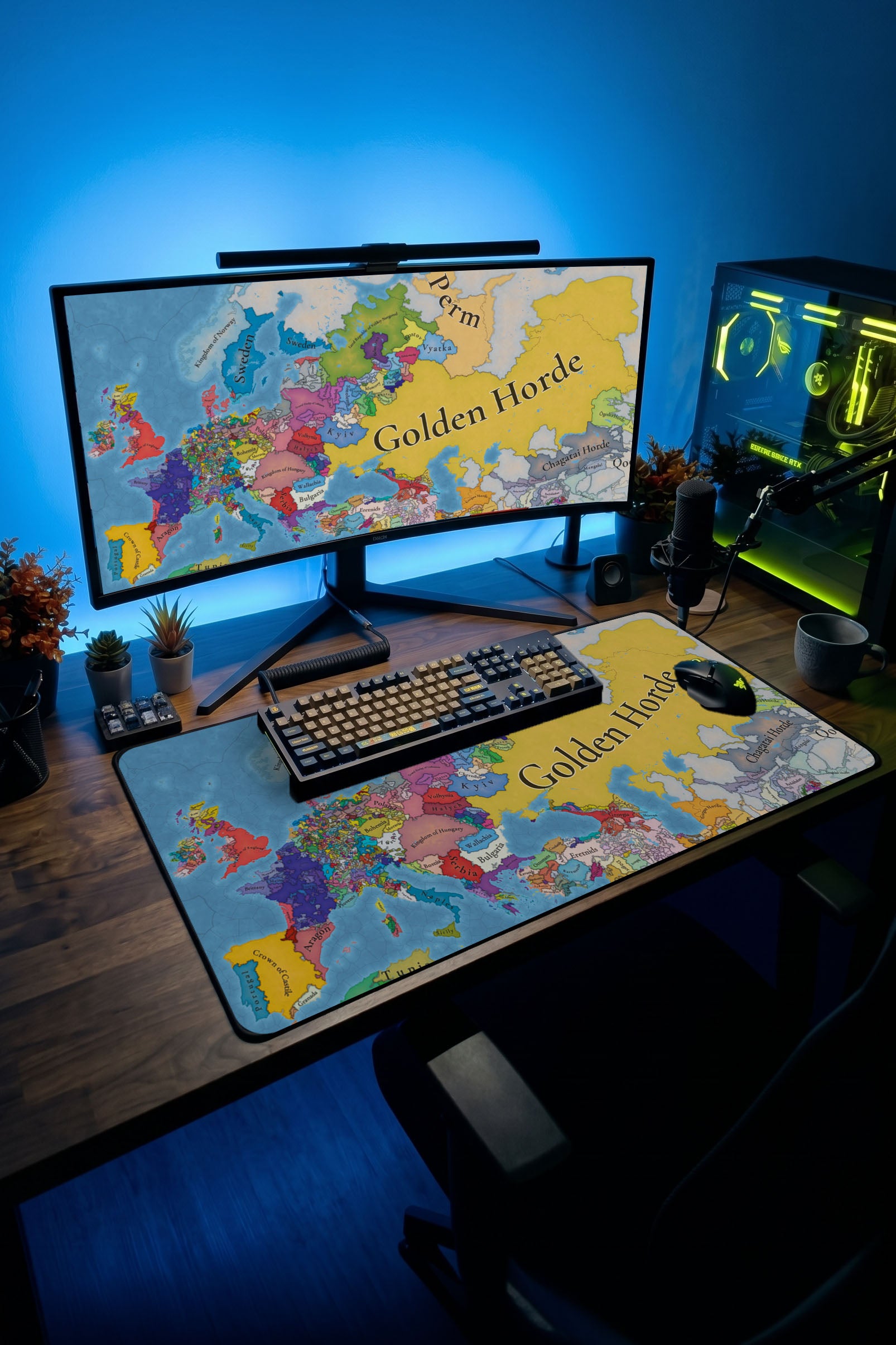 Europa Universalis harita desenli büyük boy dikişli oyuncu mousepad ve taşıma tüpü