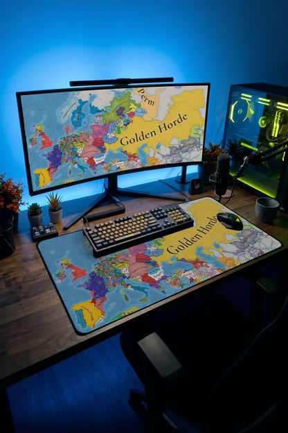 Europa Universalis harita desenli büyük boy dikişli oyuncu mousepad ve taşıma tüpü