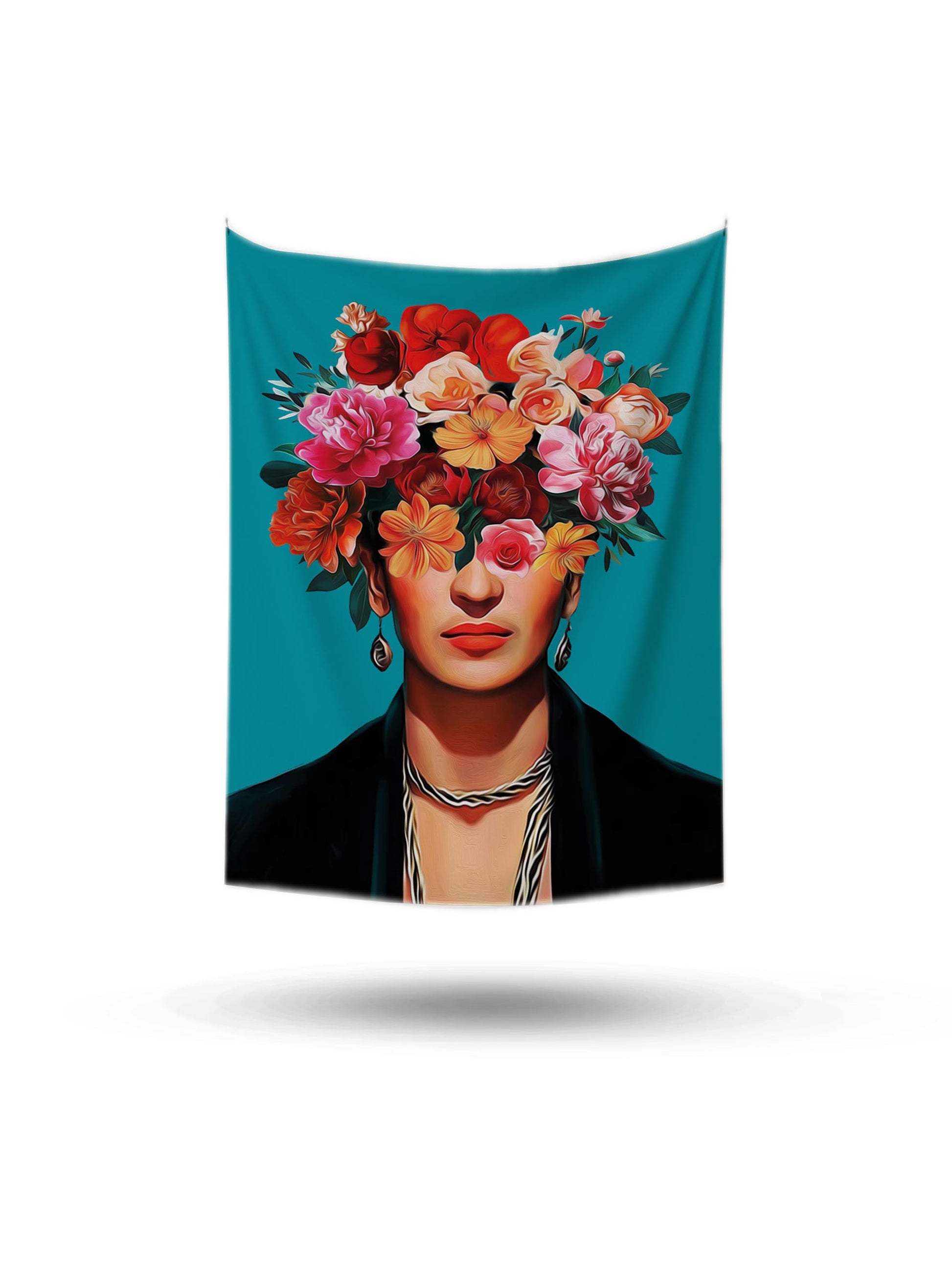 Frida Kahlo temalı, gözleri rengarenk çiçeklerle kaplı, turkuaz fon üzerinde sanatsal duvar örtüsü.