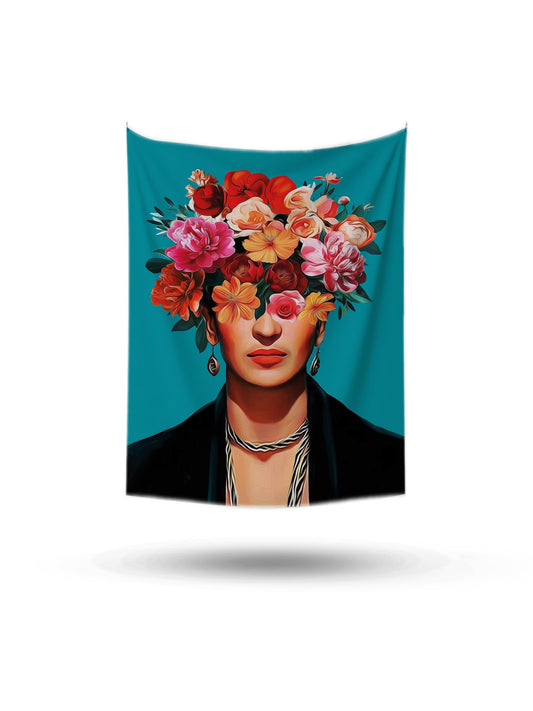 Frida Kahlo temalı, gözleri rengarenk çiçeklerle kaplı, turkuaz fon üzerinde sanatsal duvar örtüsü.