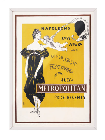 Sarı zeminli, siyah elbiseli kadın ve Cupid figürlü vintage Metropolitan dergisi afişi