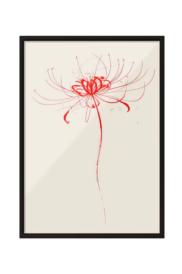 Siyah çerçeveli, açık bej zemin üzerinde soyut kırmızı fırça darbeleriyle çizilmiş minimalist çiçek posteri