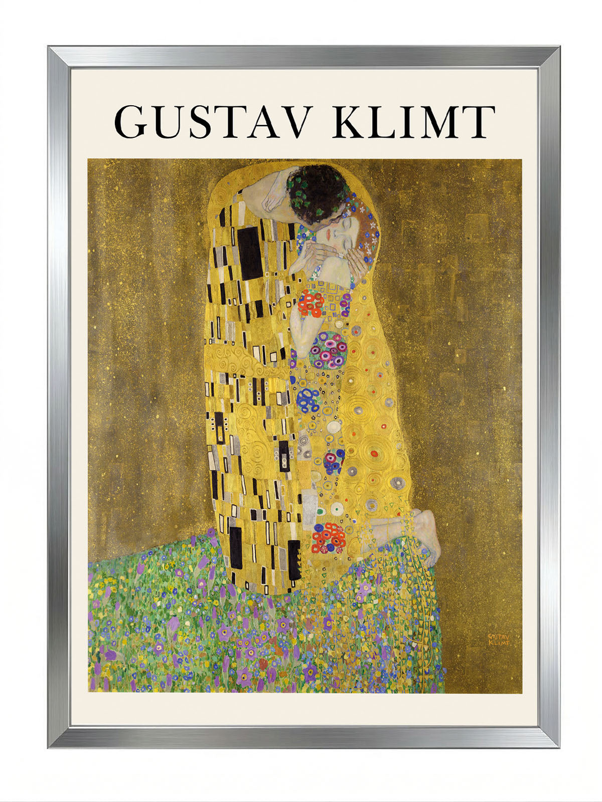 Gustav Klimt'in "Öpücük" tablosunun altın ve renkli detaylarla dolu, romantik Art Nouveau tarzı duvar posteri