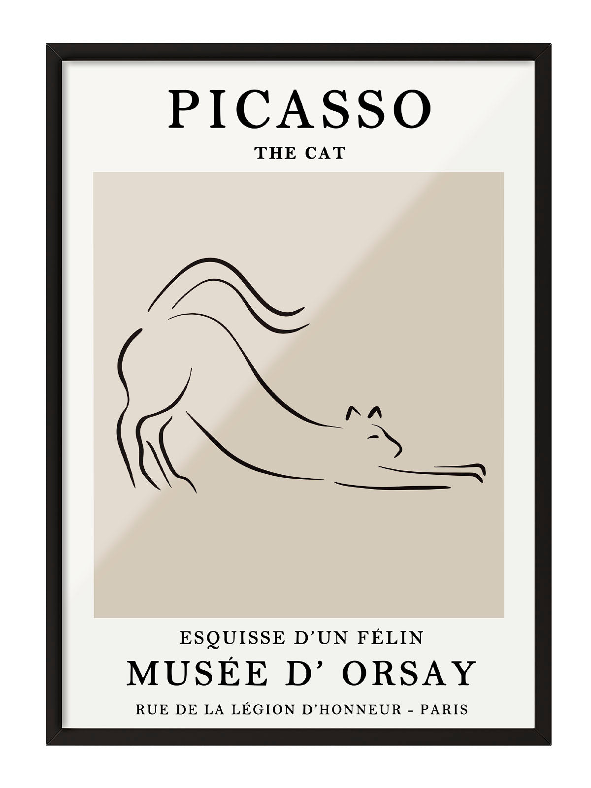 Siyah çerçeveli, bej arka plan üzerinde Picasso'nun minimalist kedi çizimi olan modern sanat posteri.