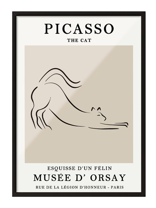 Siyah çerçeveli, bej arka plan üzerinde Picasso'nun minimalist kedi çizimi olan modern sanat posteri.