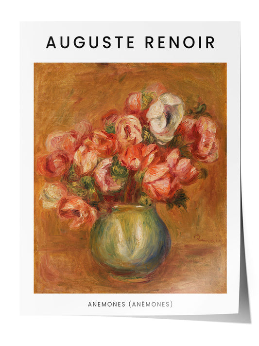 Siyah çerçeveli, Auguste Renoir'in Anemonlar tablosunu gösteren, empresyonist çiçek temalı duvar posteri.