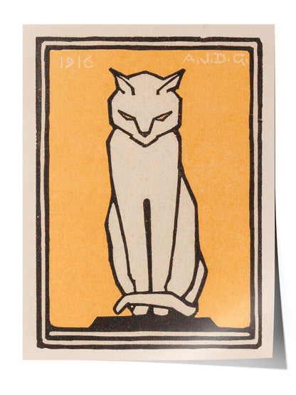 1916 tarihli, Art Deco tarzı, sarı-turuncu arka plan üzerinde oturan beyaz stilize kedi figürlü vintage poster.