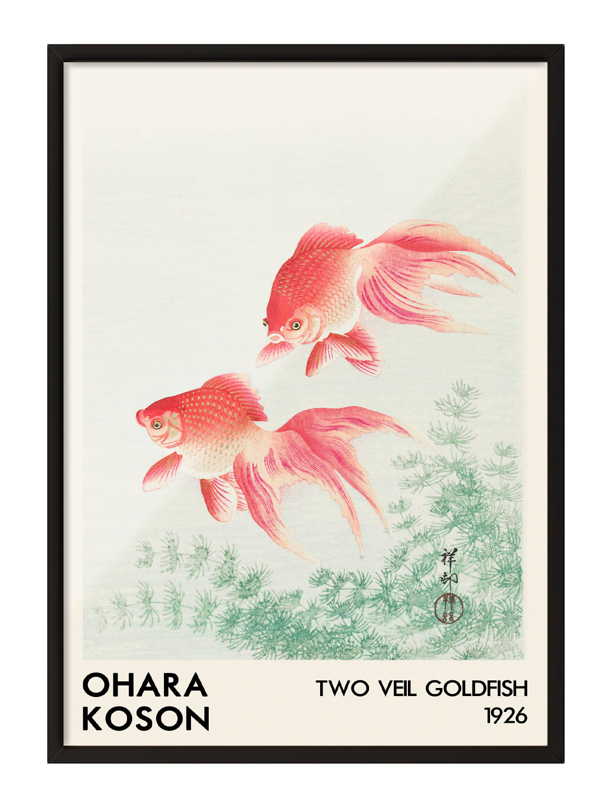 Ohara Koson'un 1926 tarihli, iki pembe tül kuyruk Japon balığı ve yeşil su bitkileri içeren sanatsal posteri.