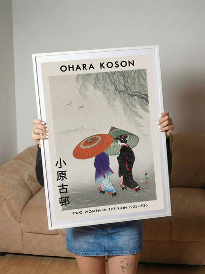 Ohara Koson'un 'Yağmurda İki Kadın' adlı, geleneksel Japon Ukiyo-e tarzı sanat posteri.