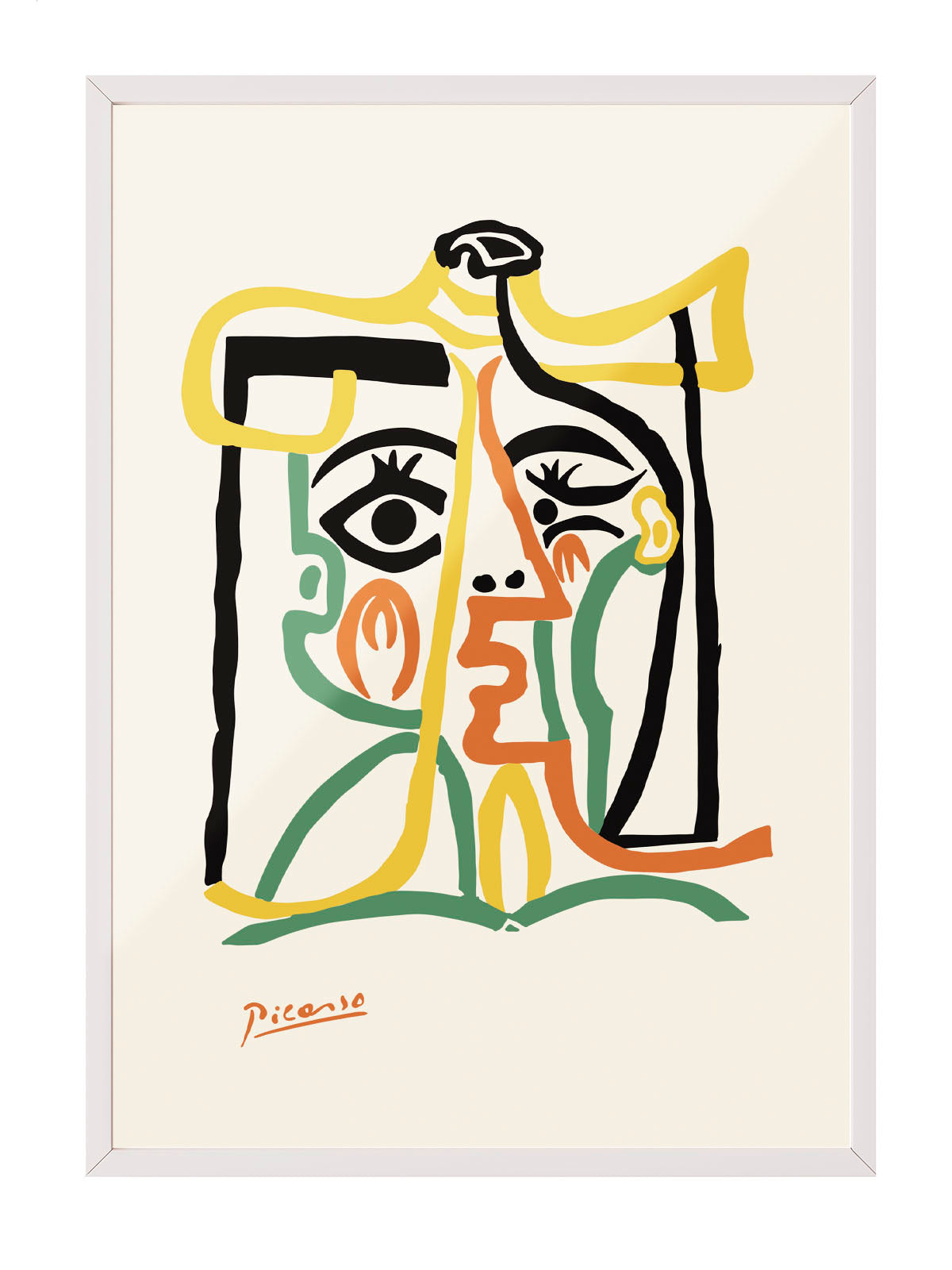 Picasso imzalı, sarı, turuncu, yeşil ve siyah renklerde soyut kübist kadın yüzü posteri.
