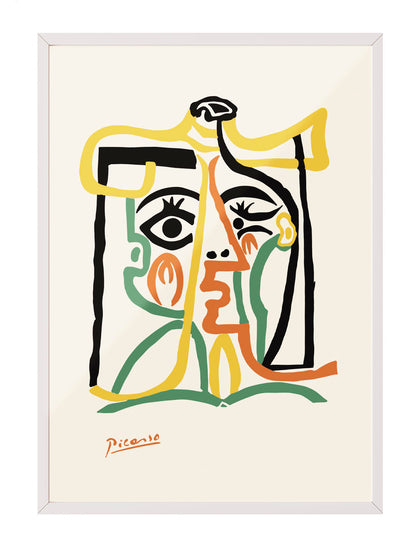 Picasso imzalı, sarı, turuncu, yeşil ve siyah renklerde soyut kübist kadın yüzü posteri.