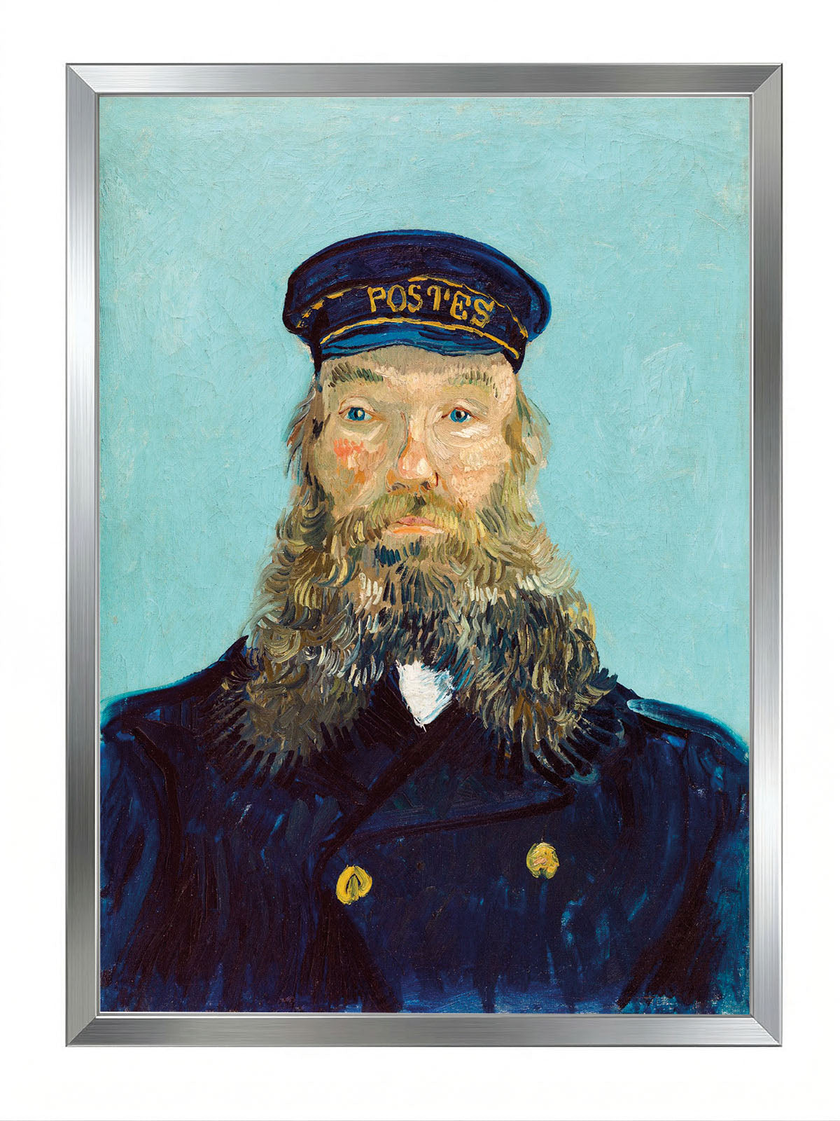 Van Gogh'un Postacı Joseph Roulin portresi, mavi fonlu, sakallı adamın üniformalı detaylı posteri.