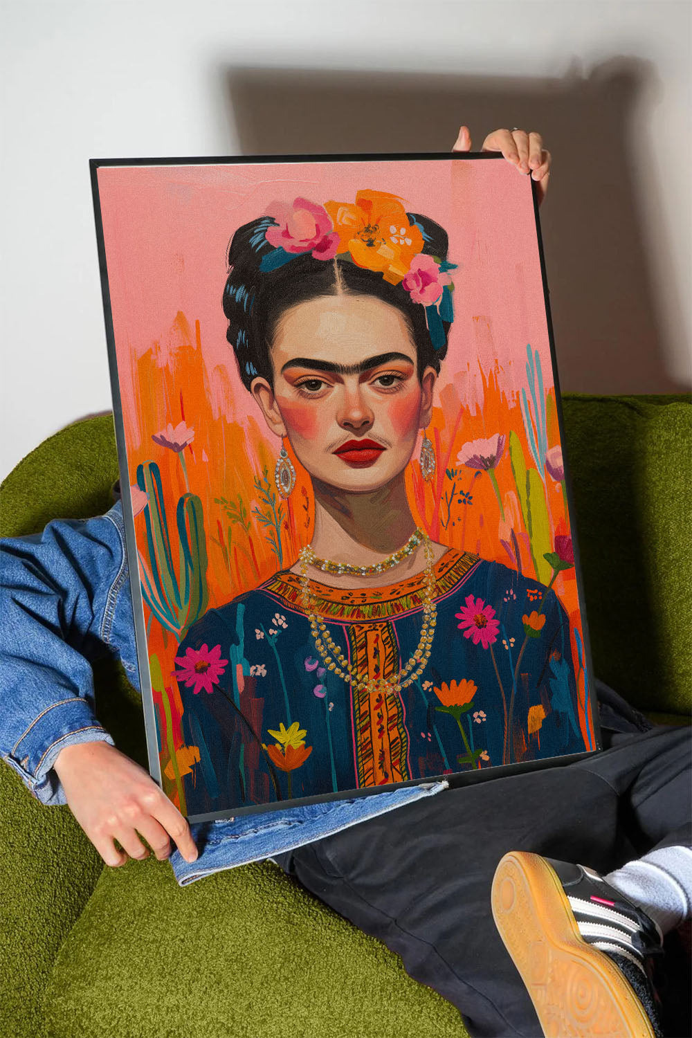 Modern Frida Kahlo portresi, renkli çiçekler ve turuncu pembe arka plan ile siyah çerçeveli tablo