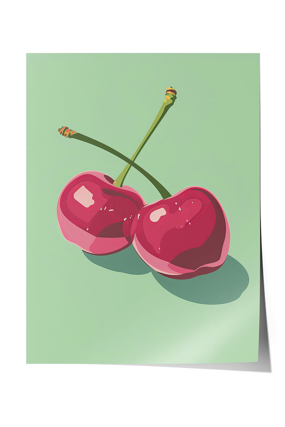 Siyah çerçeveli, açık yeşil fonda iki adet stilize pembe kiraz desenli modern poster.