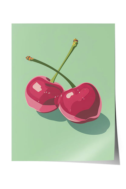 Siyah çerçeveli, açık yeşil fonda iki adet stilize pembe kiraz desenli modern poster.