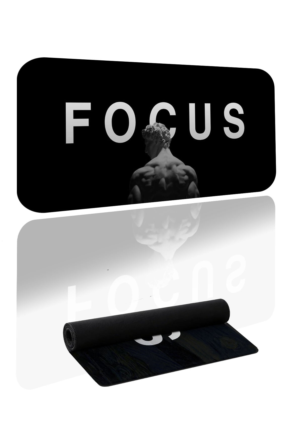 Siyah arka plan üzerinde beyaz FOCUS yazısı ve heykeltıraş figürlü desenli büyük oyuncu mousepad