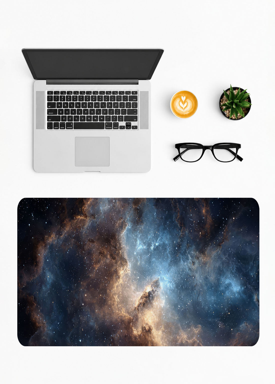Mavi ve altın tonlarında galaksi tasarımı içeren büyük boy oyuncu mousepad