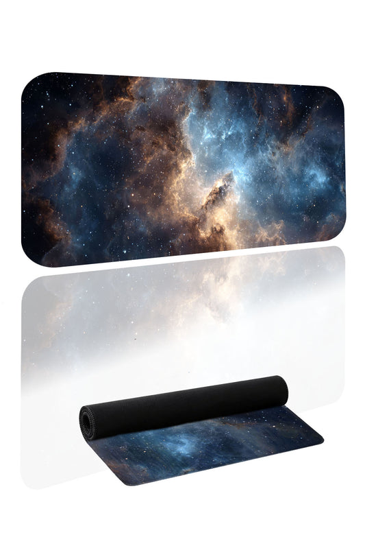 Mavi ve altın tonlarında galaksi tasarımı içeren büyük boy oyuncu mousepad